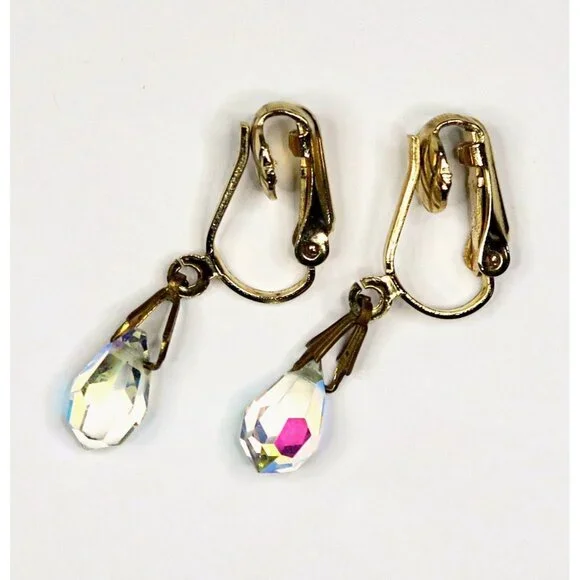 Vintage Aurora Borealis Teardrop Clip-On Earrings – Rhinestone Dangle, Gold Tone - Picture 2 of 4